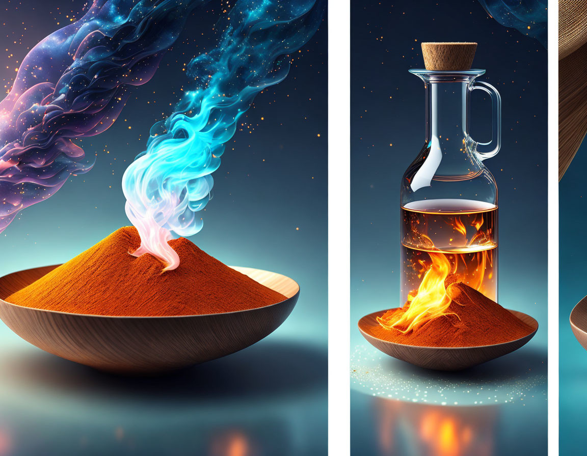 Digital artwork: Red powder bowl with blue smoke & fiery whirlpool flask