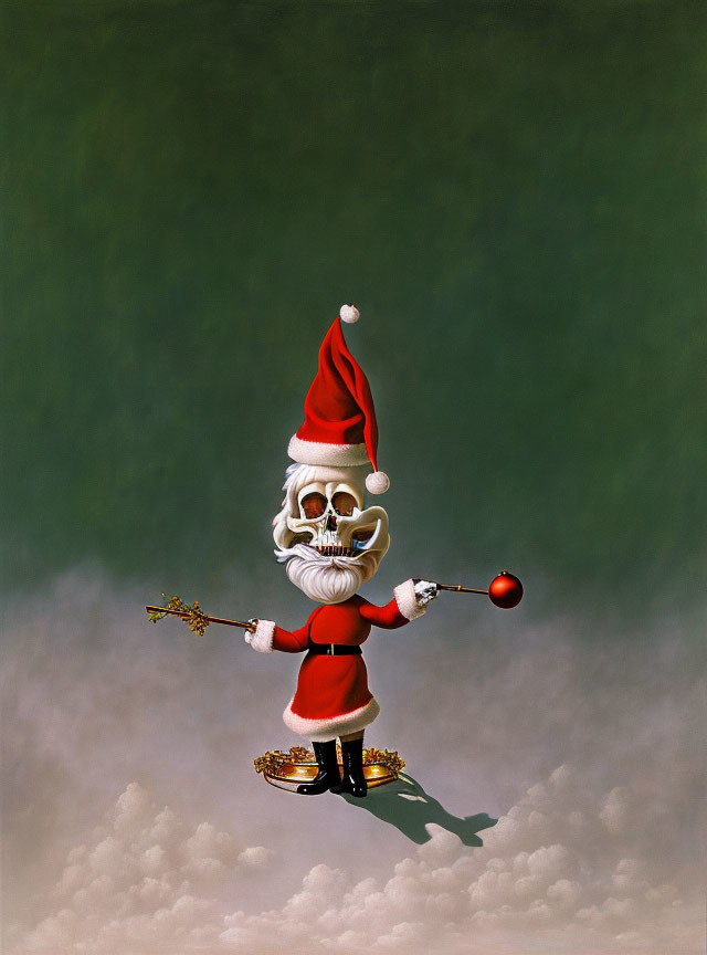 Santa Claus balancing on a cloud with scepter and holly in red suit