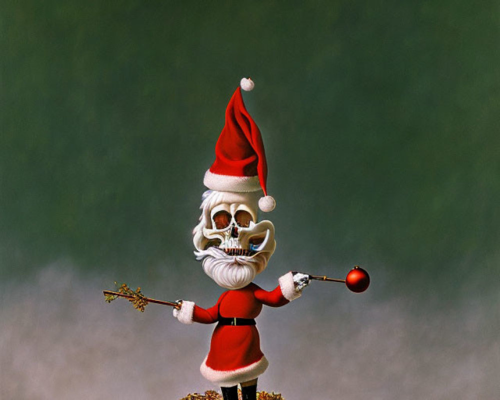 Santa Claus balancing on a cloud with scepter and holly in red suit