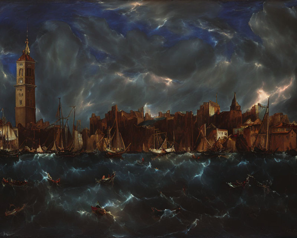 Historic city skyline maritime painting with clock tower and choppy waters