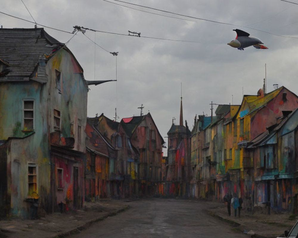 Vibrant street scene with rundown buildings, bird art, and car passing by