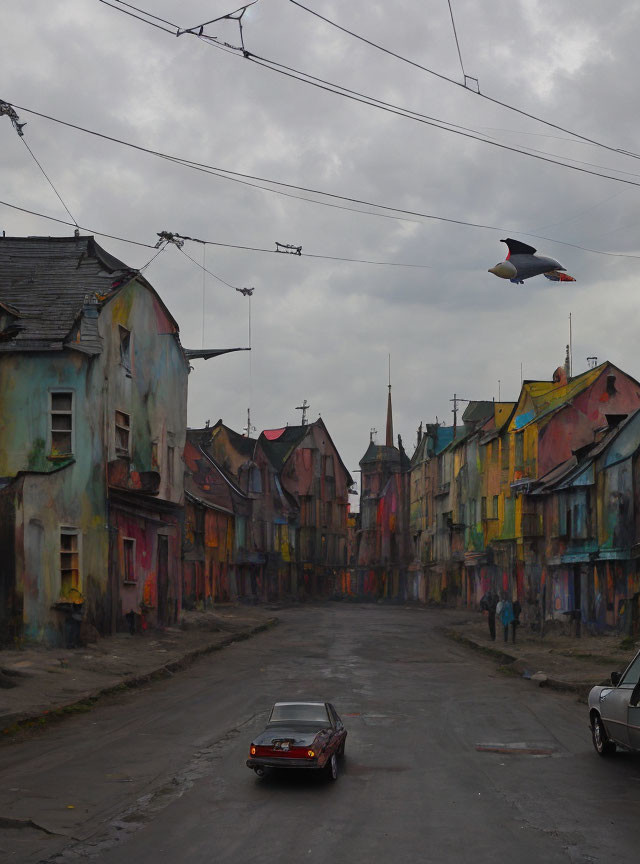 Vibrant street scene with rundown buildings, bird art, and car passing by