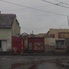 Vibrant street scene with rundown buildings, bird art, and car passing by