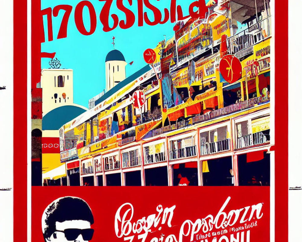 Colorful poster with inverted building image, red and yellow text, and man silhouette.