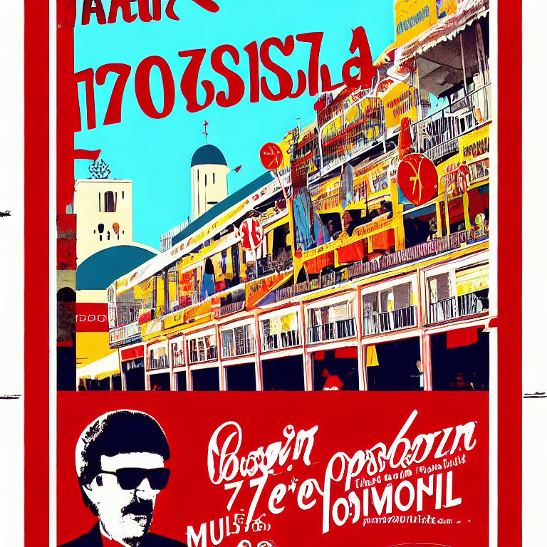 Colorful poster with inverted building image, red and yellow text, and man silhouette.