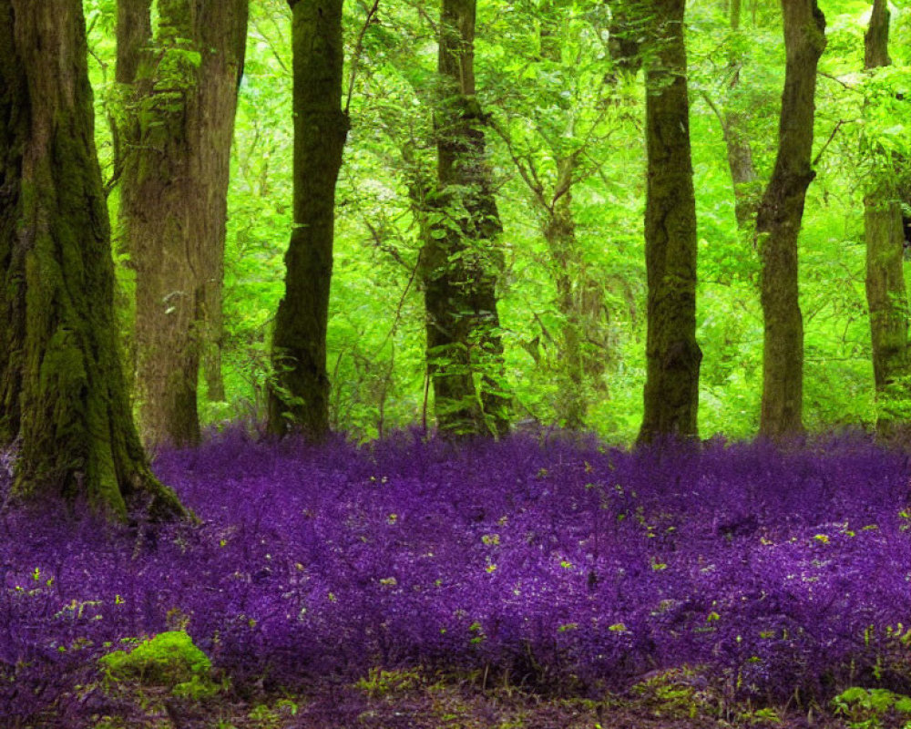 Vibrant purple flowers in lush forest setting