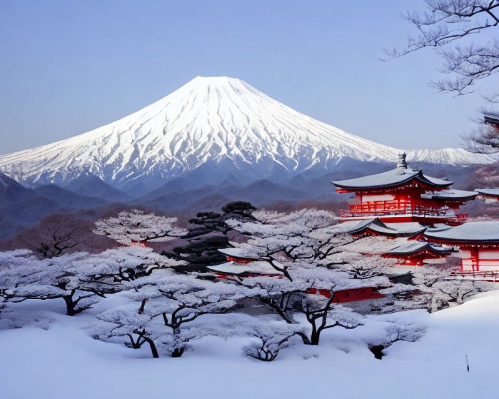 Scenic winter view: Mount Fuji, red pagoda, cherry blossoms