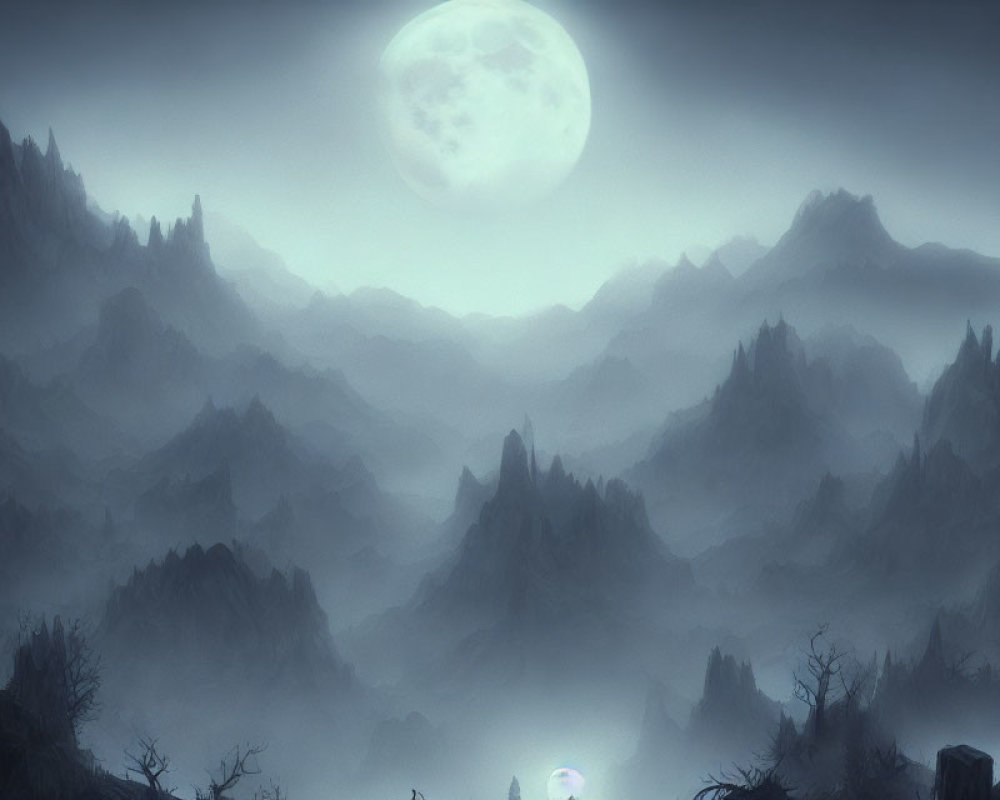 Misty mountainous night landscape with full moon and silhouetted trees