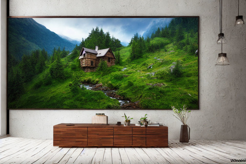 Modern Room with Large Framed Photograph of Rustic Cabin in Mountain Landscape