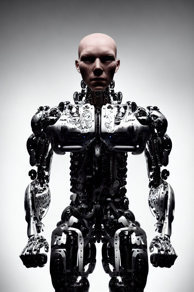 Detailed humanoid robot with bald head on light background