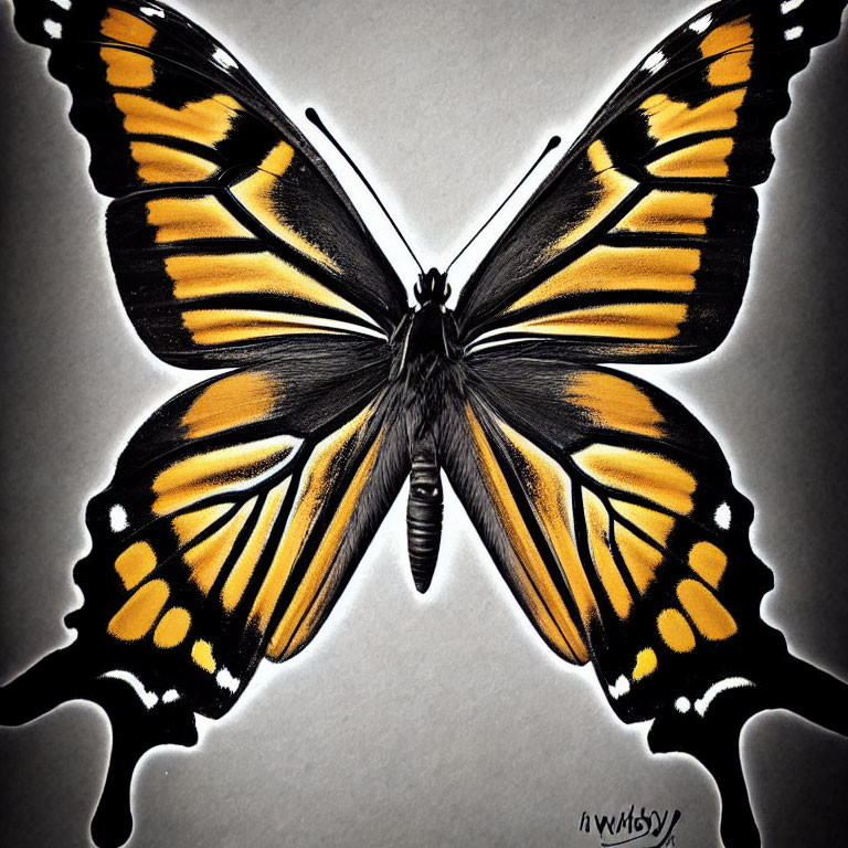 Symmetrical orange and black butterfly on gray background