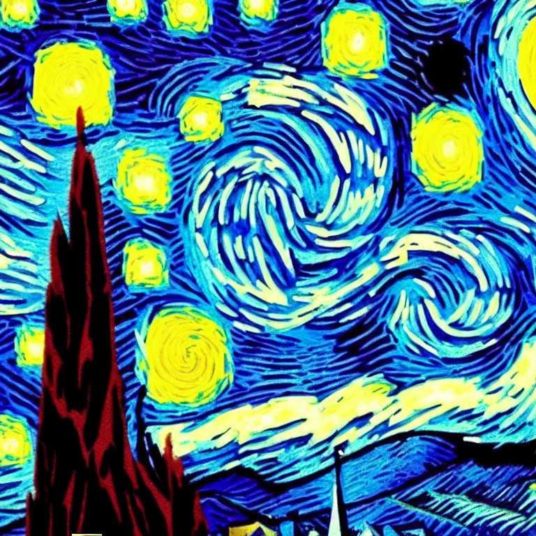 Colorful swirling sky with cypress tree - Van Gogh style