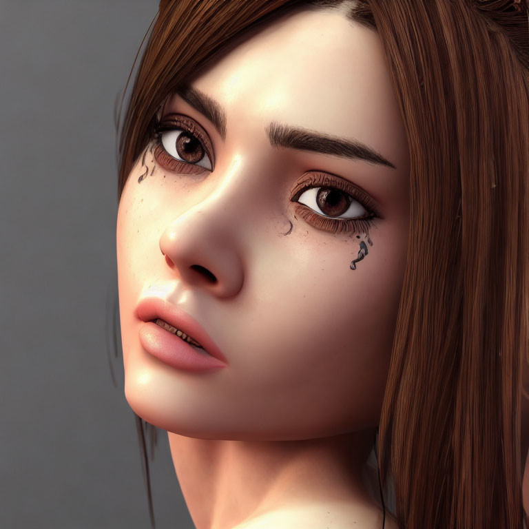 Detailed 3D-rendered female face with brown hair and teardrop tattoos