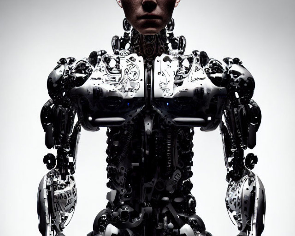 Detailed humanoid robot with bald head on light background