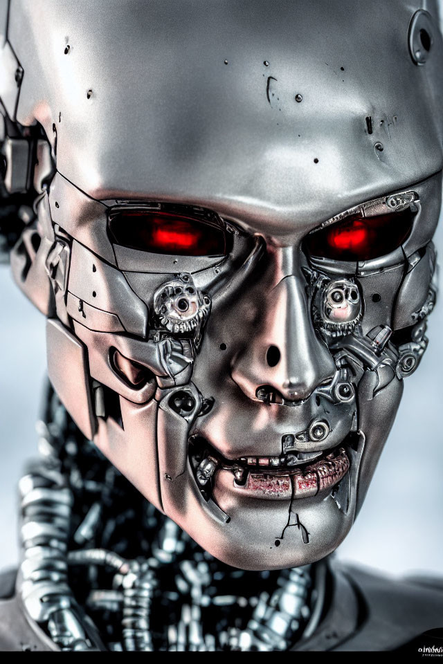 Detailed Robotic Face with Red Eyes and Exposed Mechanical Parts