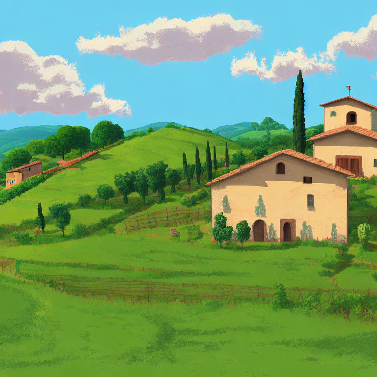 Tranquil countryside landscape with green hills, houses, cypress trees, and blue sky