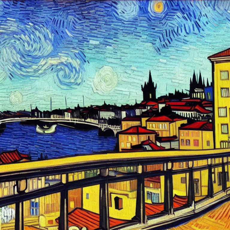 Townscape with Swirling Blue Skies, Stars, and Bridge in Post-Impressionist Style