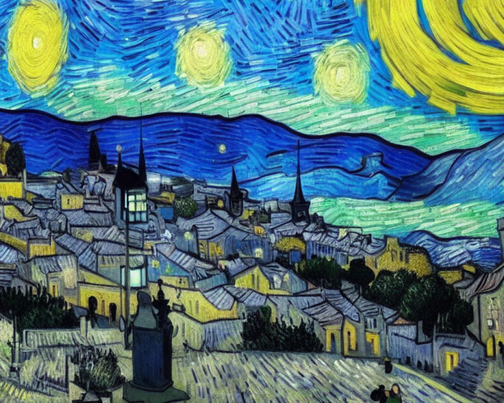 Starry Night Painting: Crescent Moon Over Sleepy Town