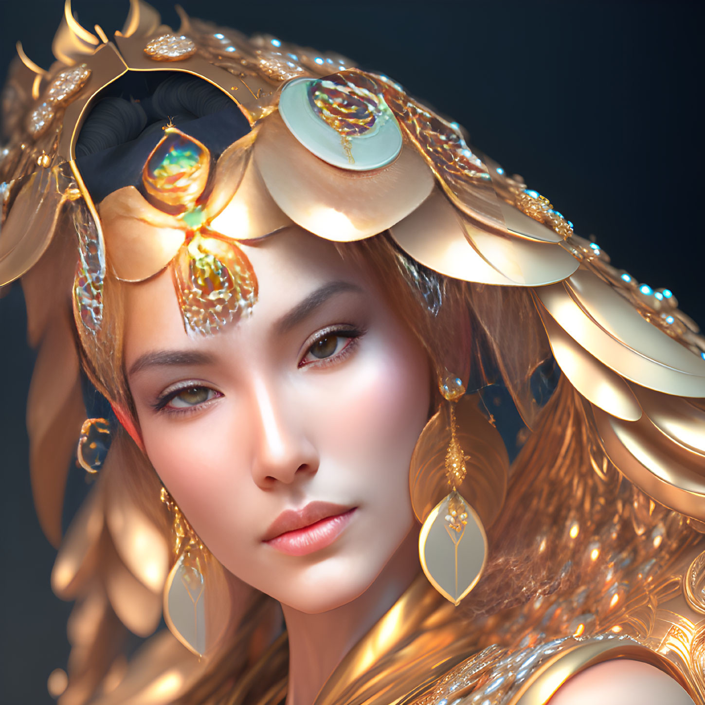 Detailed digital portrait of woman with golden jewelry and ornate headdress in soft lighting