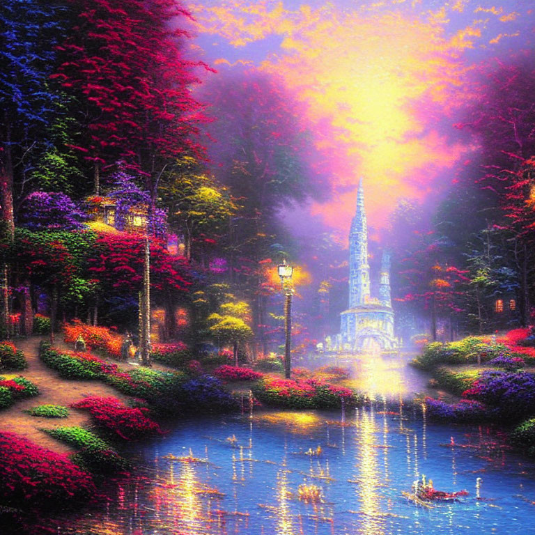 Vibrant garden painting with stream, trees, and castle at twilight