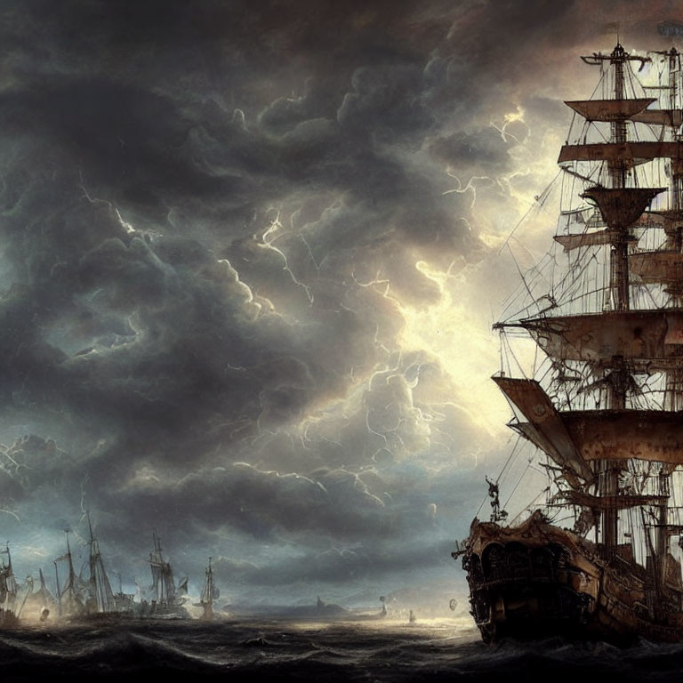 Dramatic sailing ships battle stormy seas under ominous sky