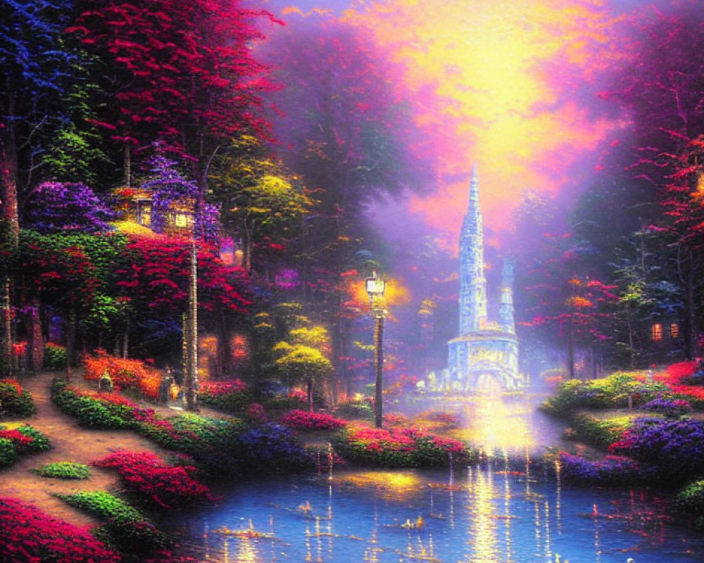 Vibrant garden painting with stream, trees, and castle at twilight