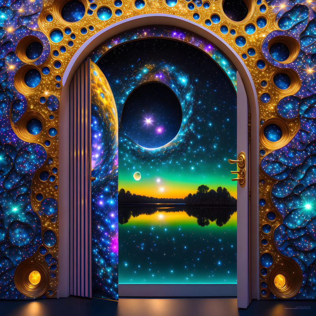 Ornate open door reveals magical cosmic landscape