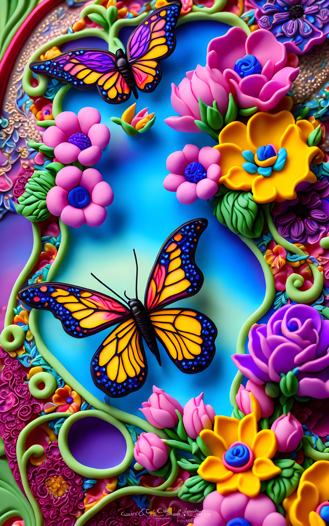 Colorful Digital Art: Butterflies and Flowers with Intricate Patterns