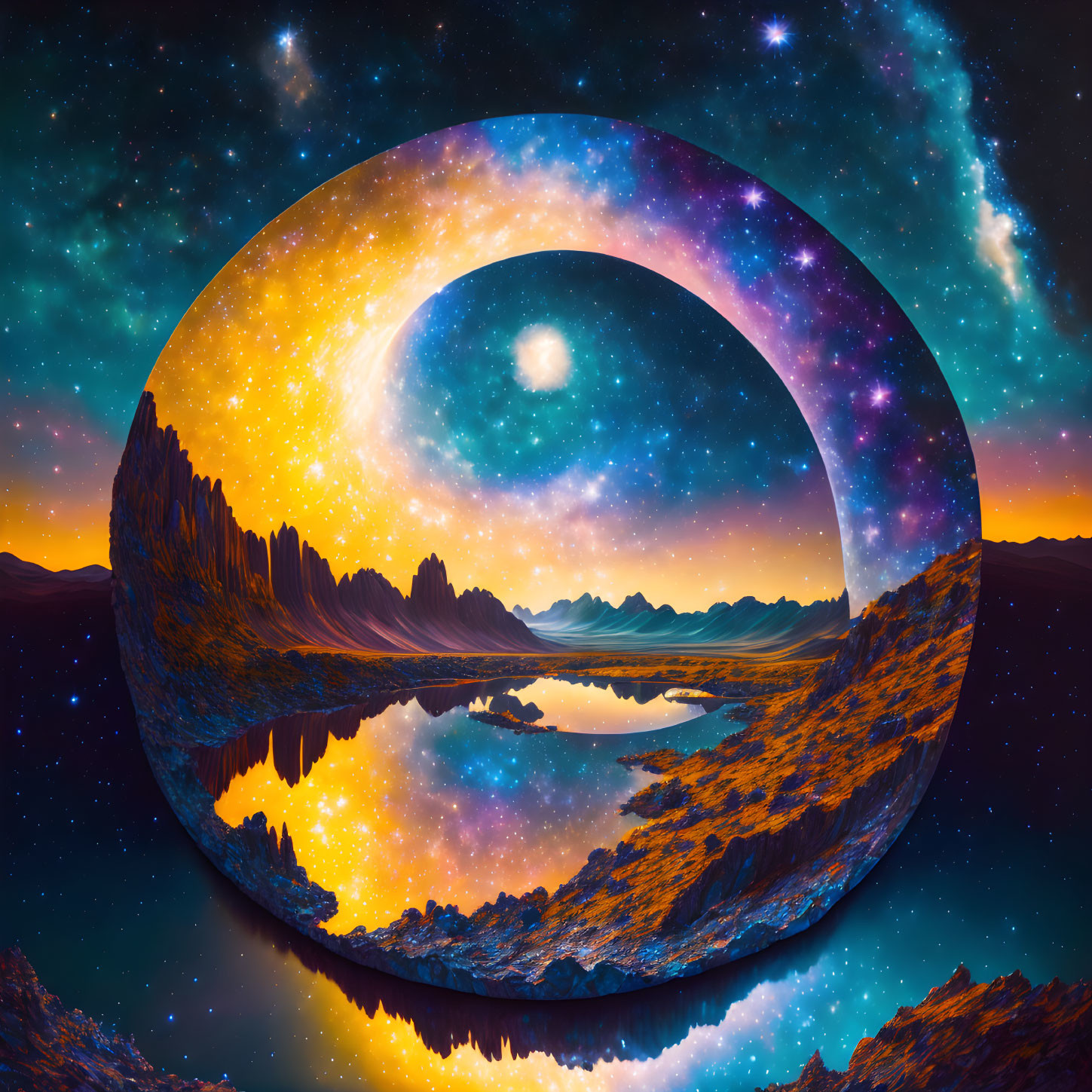 Surreal landscape featuring circular portal and starry night sky over tranquil lake