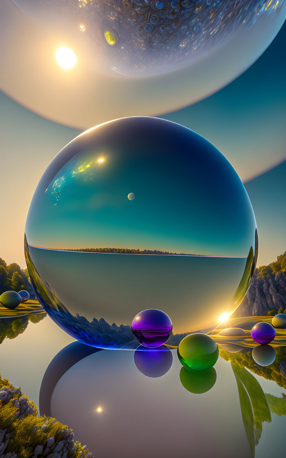 Surreal landscape: floating reflective spheres on water under two suns