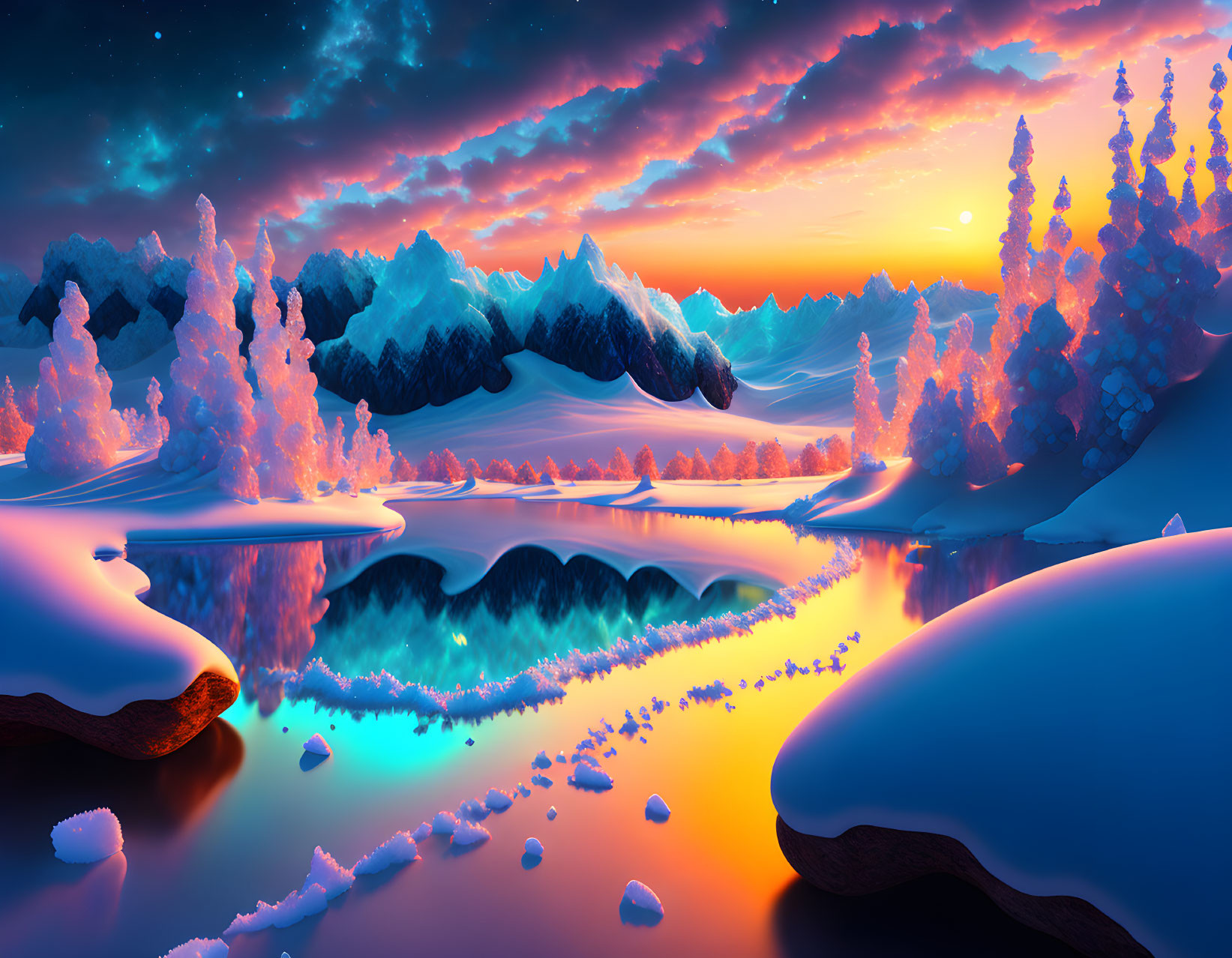 Surreal landscape with snowy mountains, glowing trees, reflective river