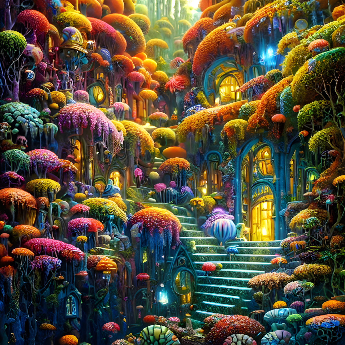 Luminescent mushrooms and glowing doorway in vibrant fantasy forest