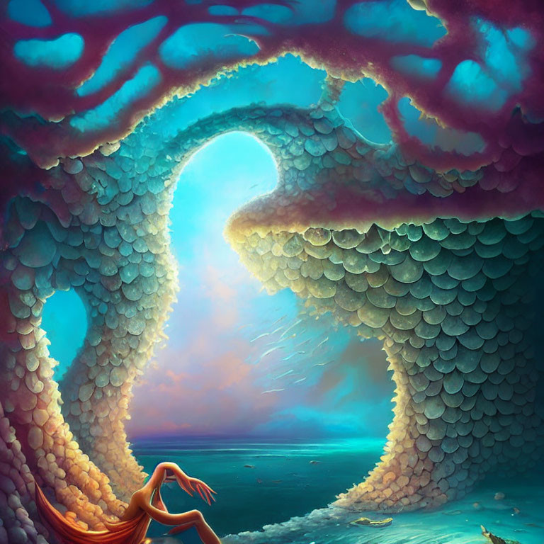 Surreal image of person in fish scale-like cavern with sunlit seascape