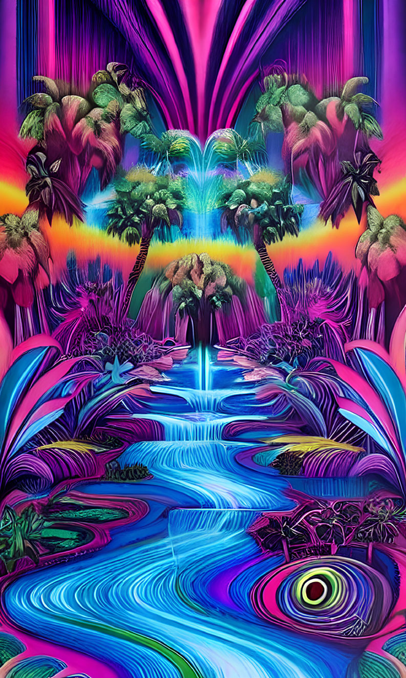 Colorful Psychedelic Landscape with River, Plants, Eye, and Rainbow Sky