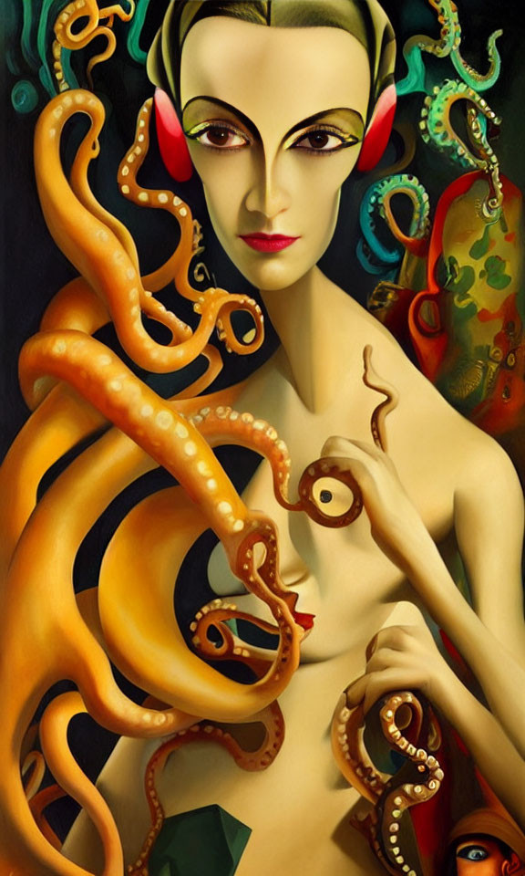 Colorful surreal portrait of a woman with octopus tentacles and underwater theme