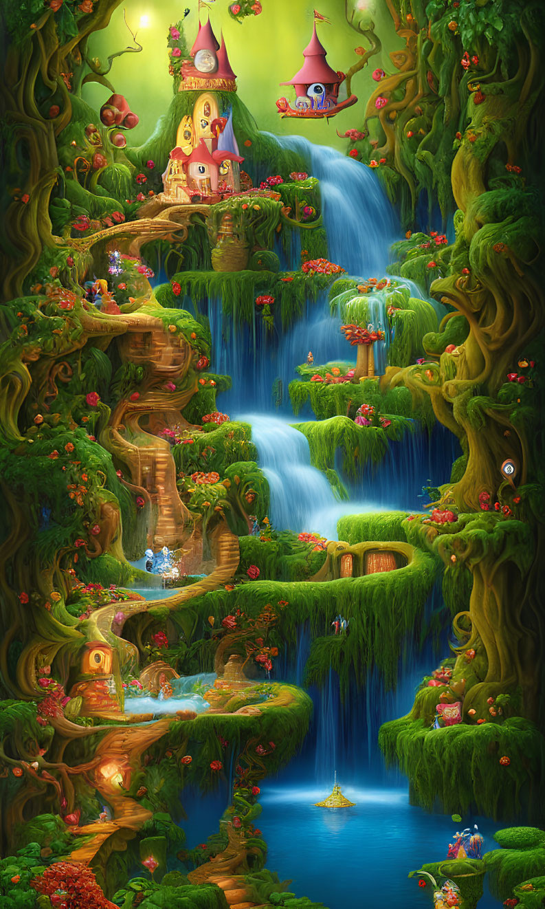 Fantasy landscape with waterfall, greenery, and tree houses