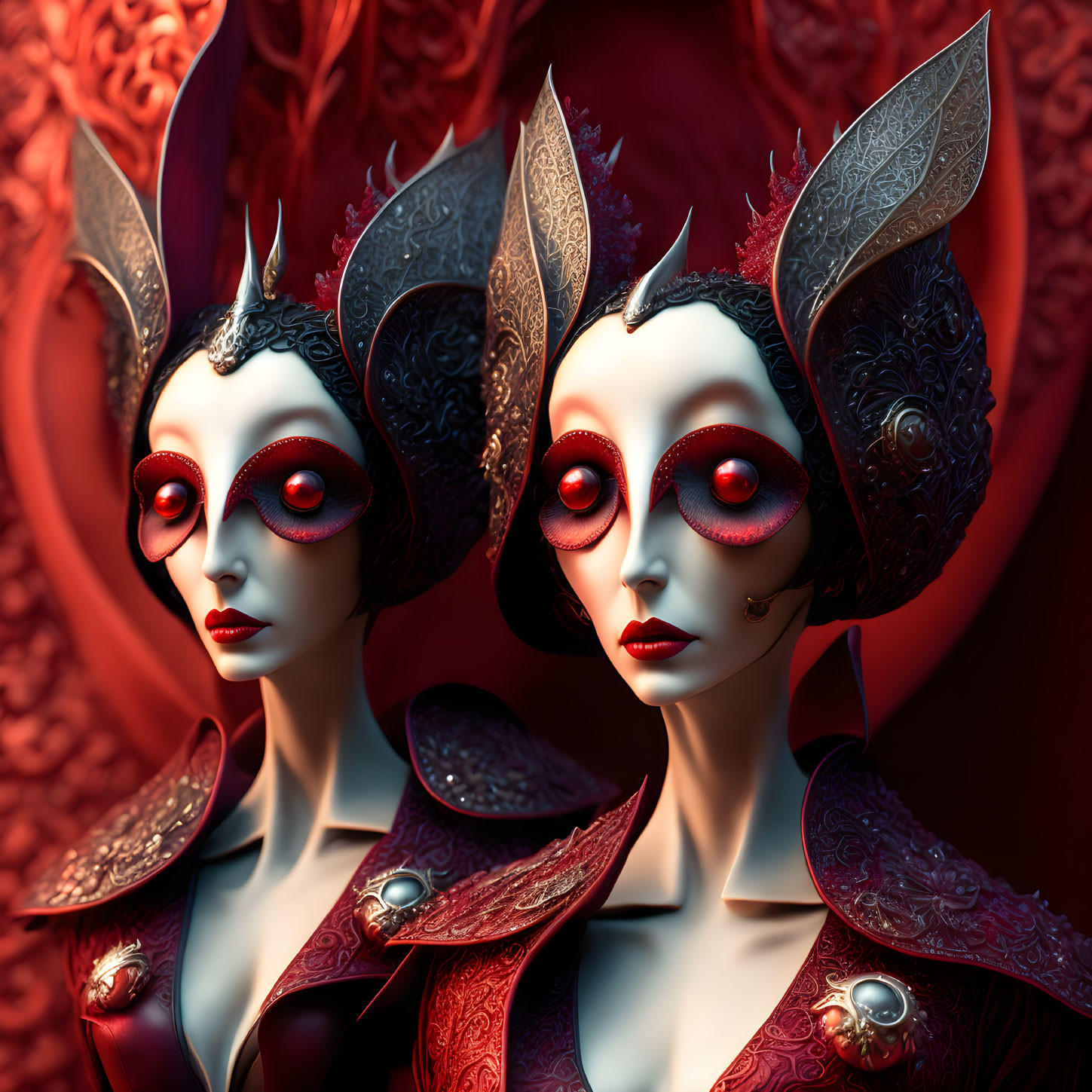 Stylized figures in red and black costumes with intricate headpieces and expressive eyes