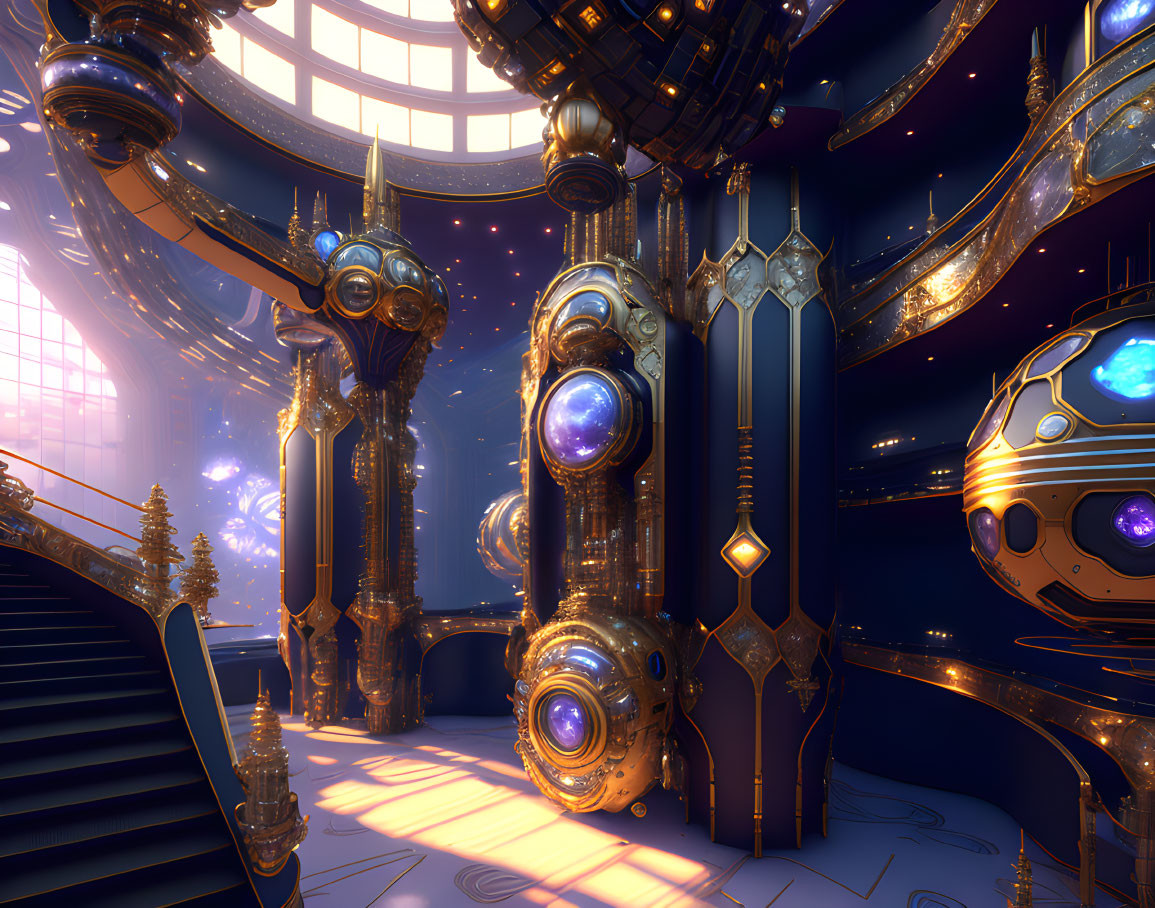 Futuristic interior with golden pillars, purple orbs, starry windows, and a spaceship docked