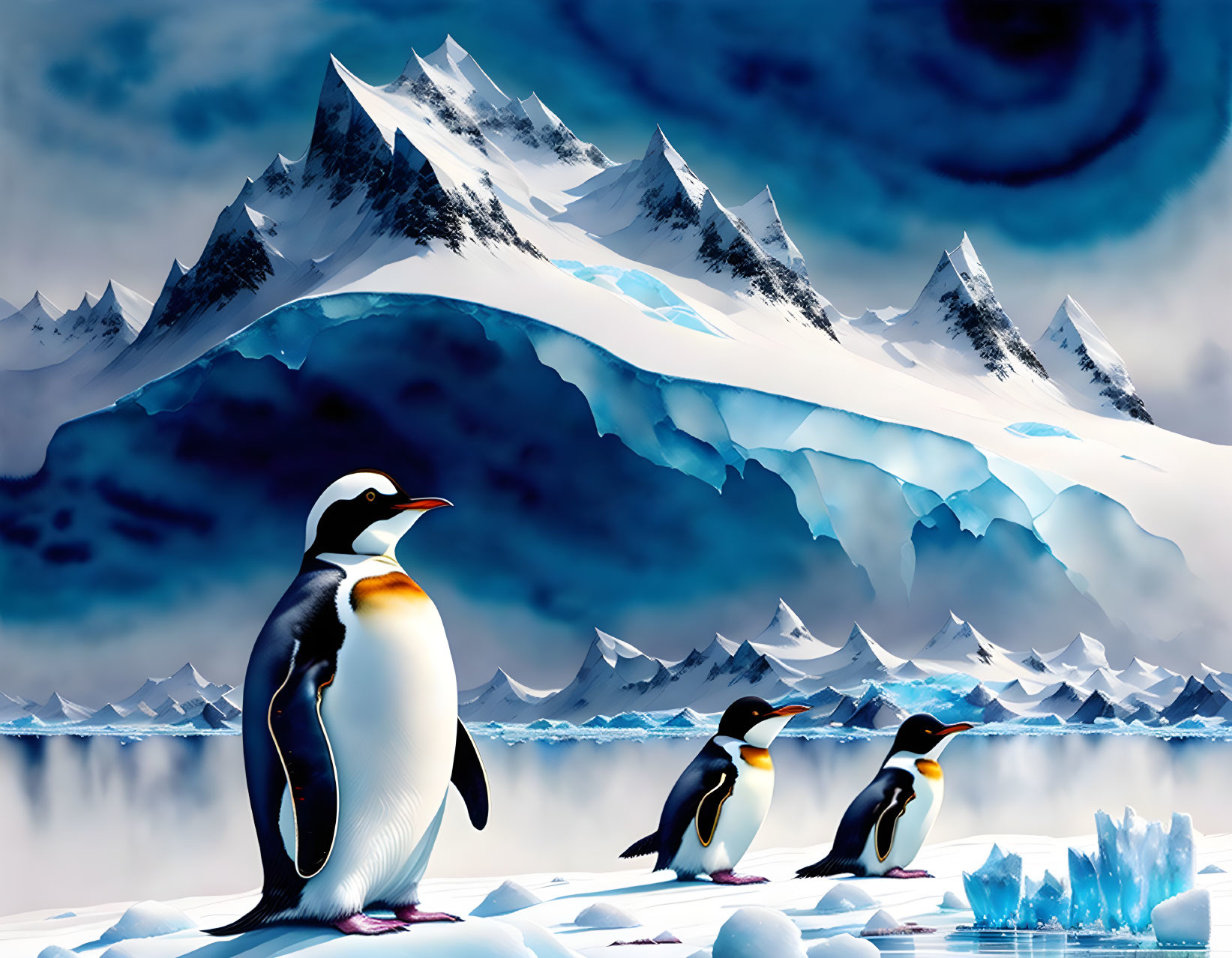 Penguins in snowy landscape with mountains under blue sky