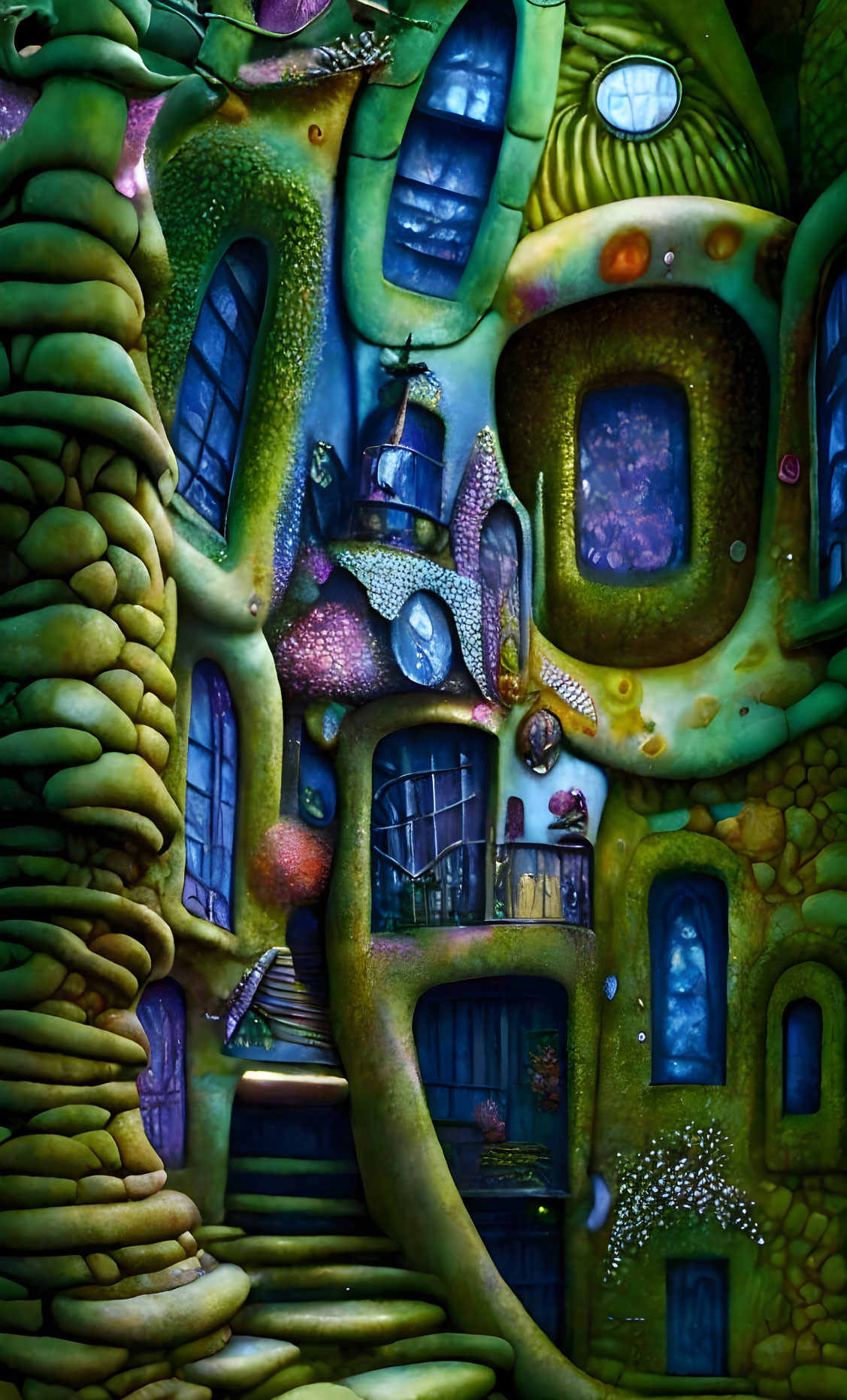 Colorful Fantasy Treehouse Painting with Organic Shapes & Vibrant Hues