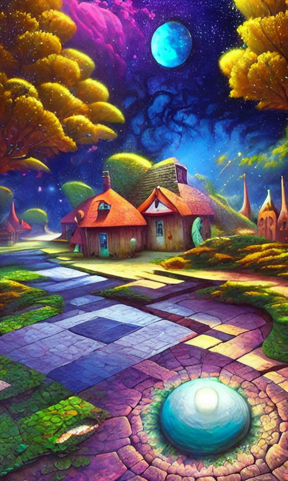 Fantasy landscape at dusk: whimsical cottages, cobblestone path, luminescent trees