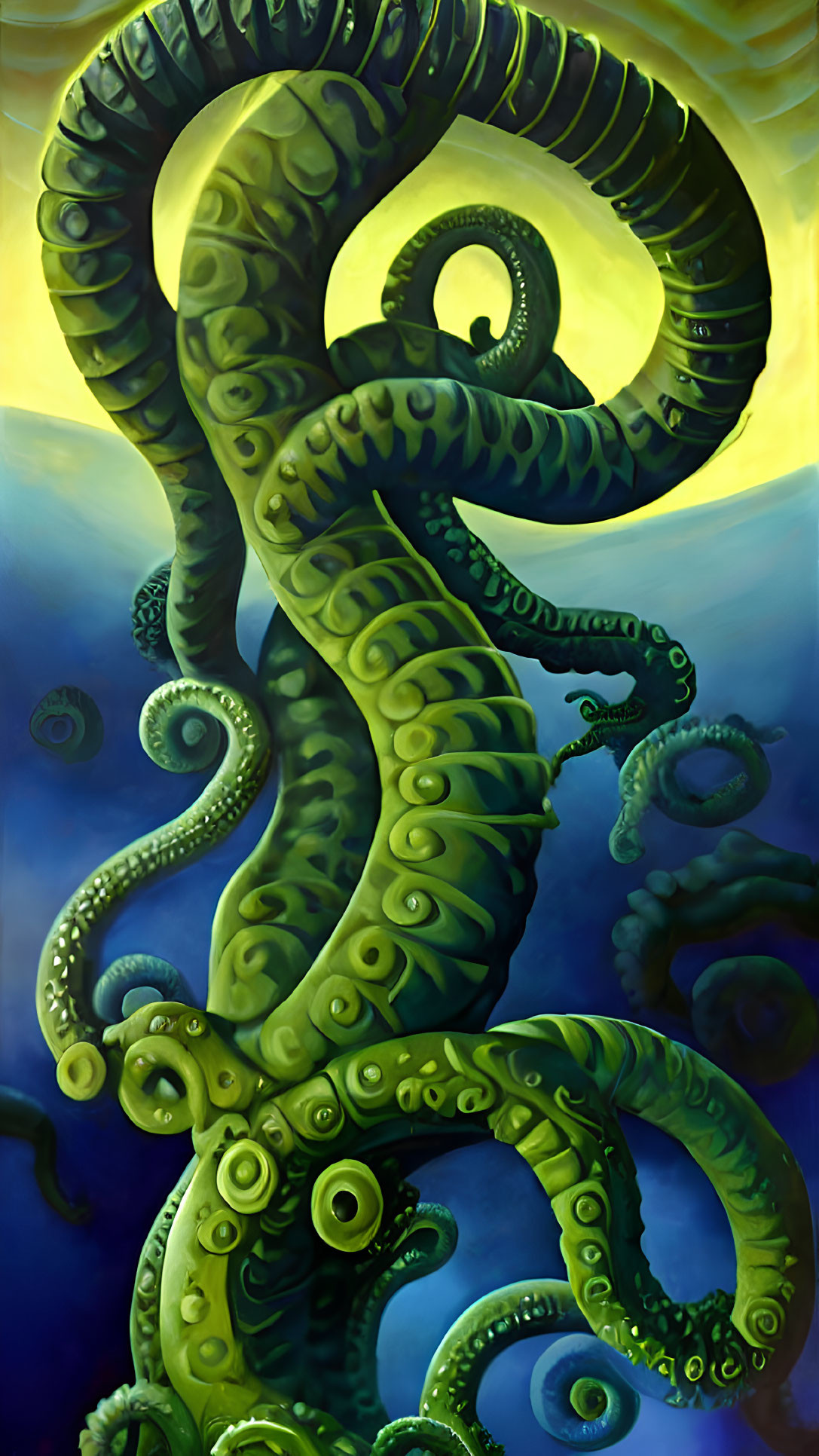 Detailed illustration of colossal green tentacled sea creature in deep blue waters