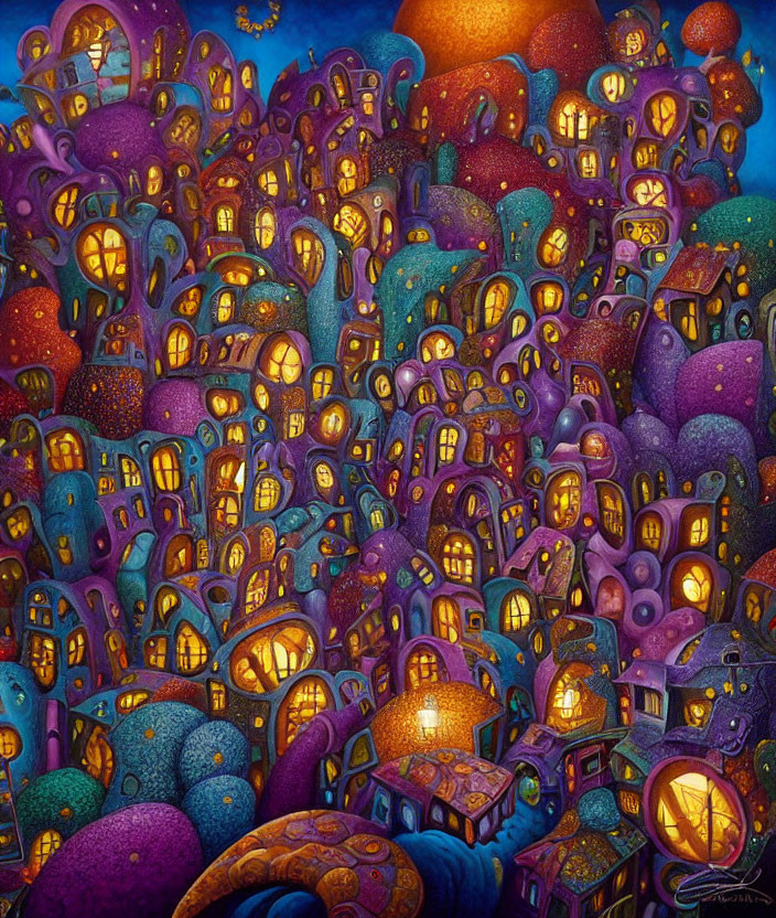 Colorful painting of whimsical houses against night sky