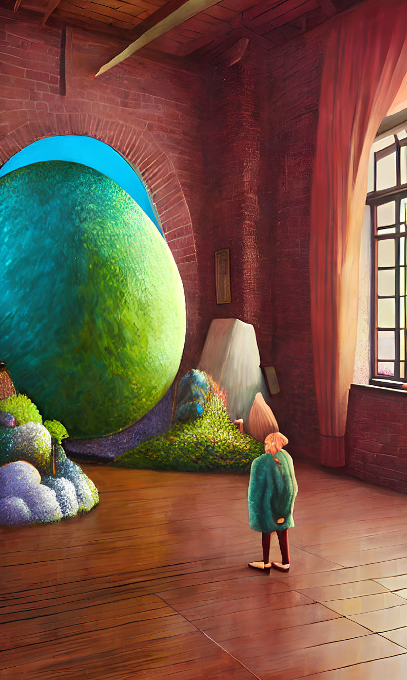 Child in cozy room mesmerized by giant green orb and sunlight.