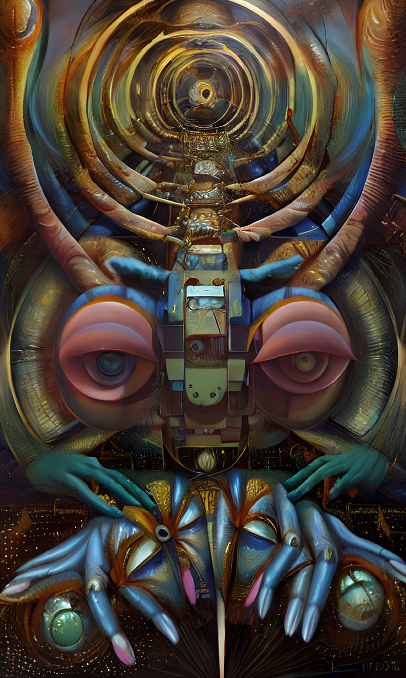 Surreal robotic figure with eyes, feathers, and metallic elements in tunnel setting