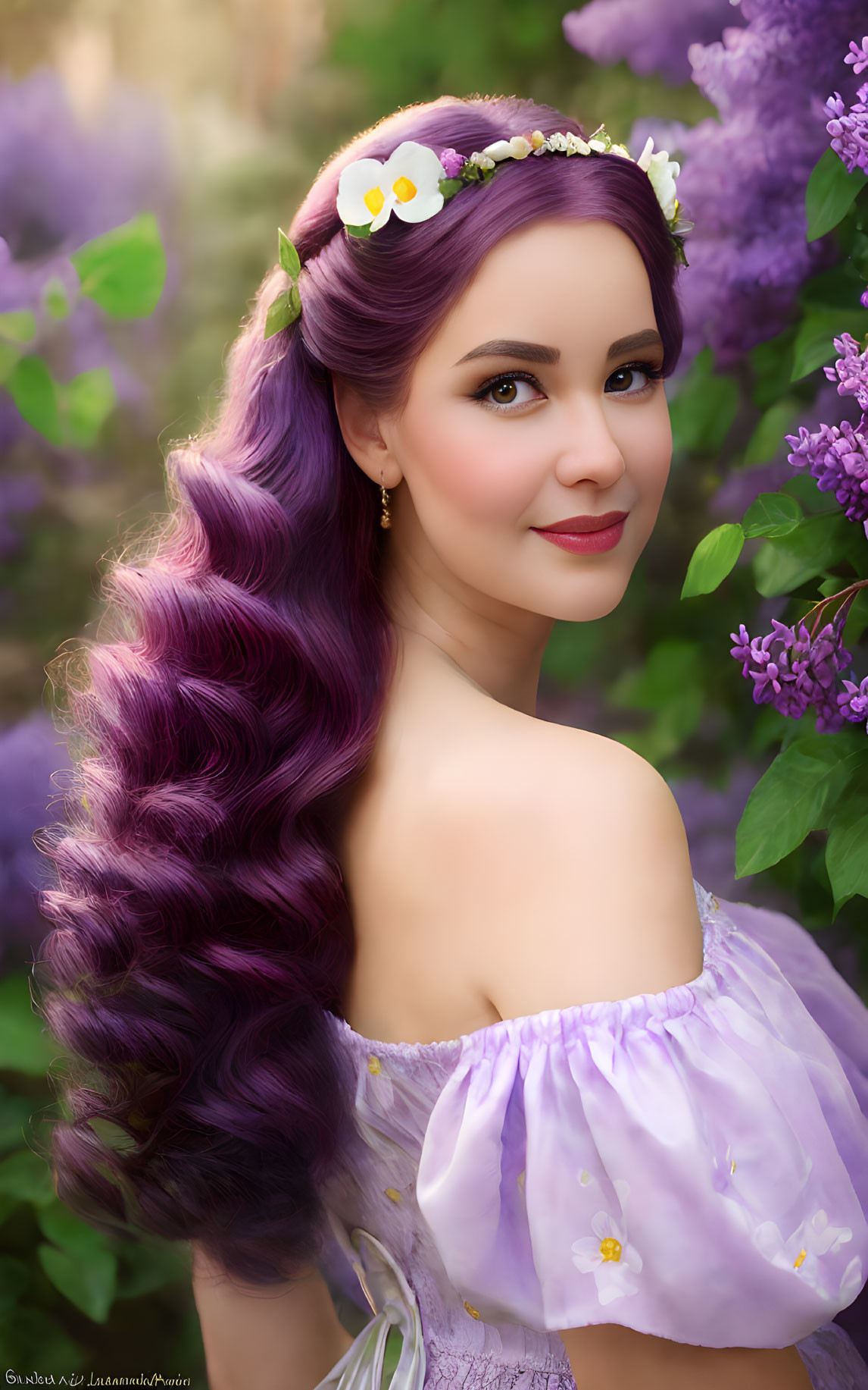 Purple-haired woman in flower crown smiling among blooming lilacs