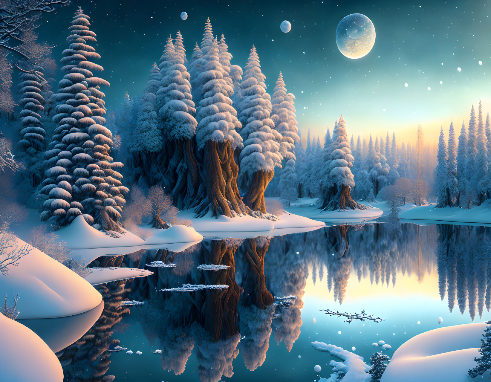 Snow-covered trees and full moon in serene winter nightscape