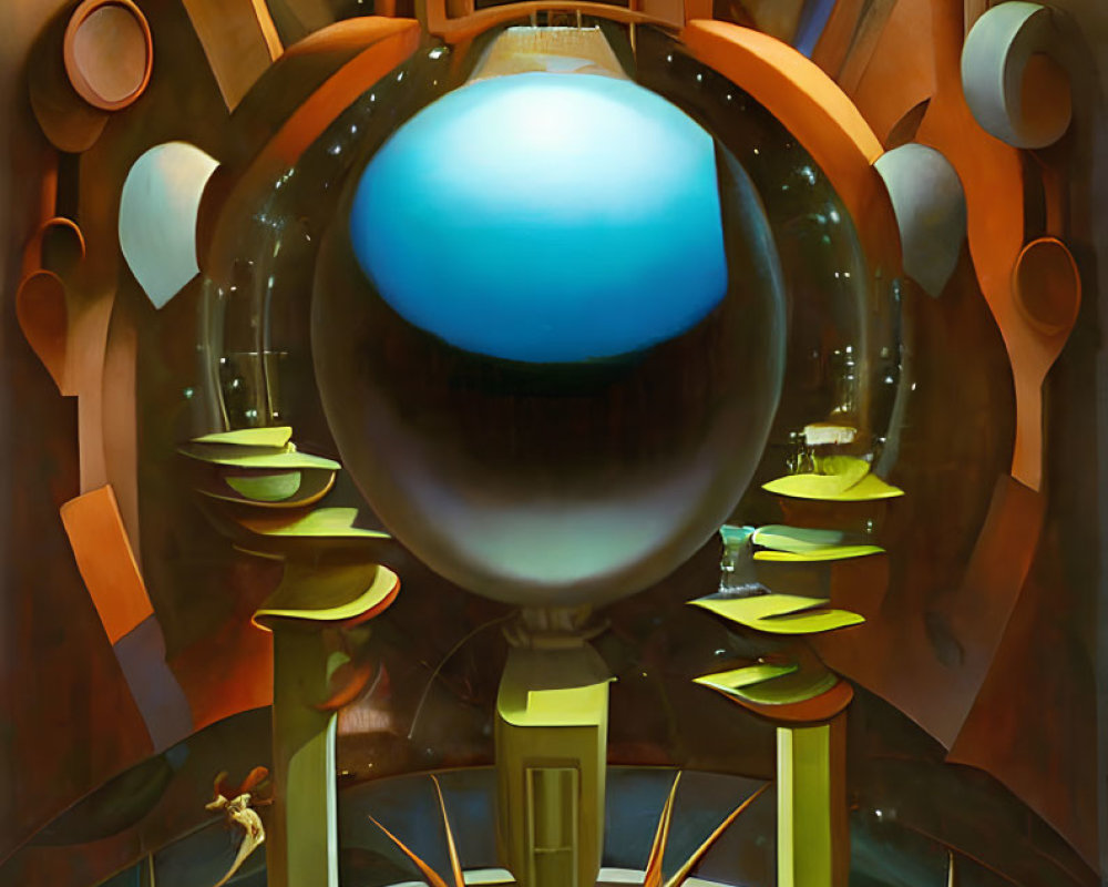 Futuristic surreal chamber with glowing orb and spiral staircases