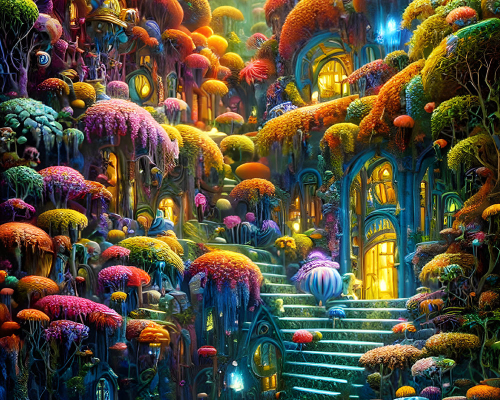 Luminescent mushrooms and glowing doorway in vibrant fantasy forest