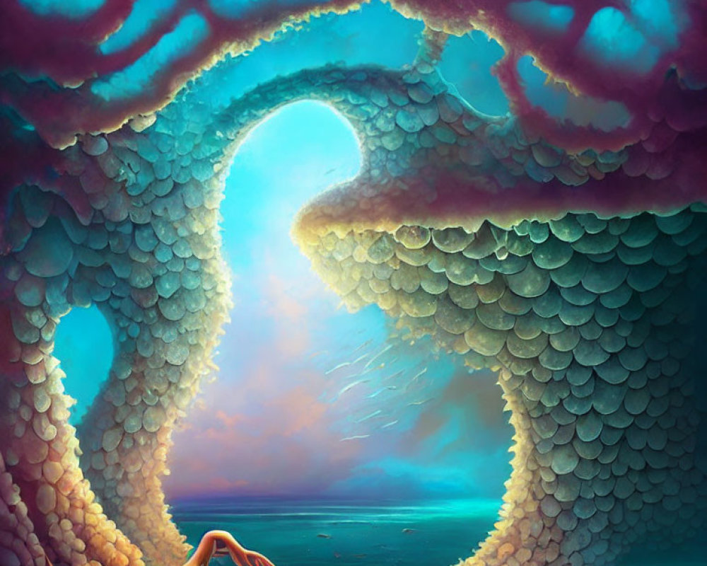 Surreal image of person in fish scale-like cavern with sunlit seascape